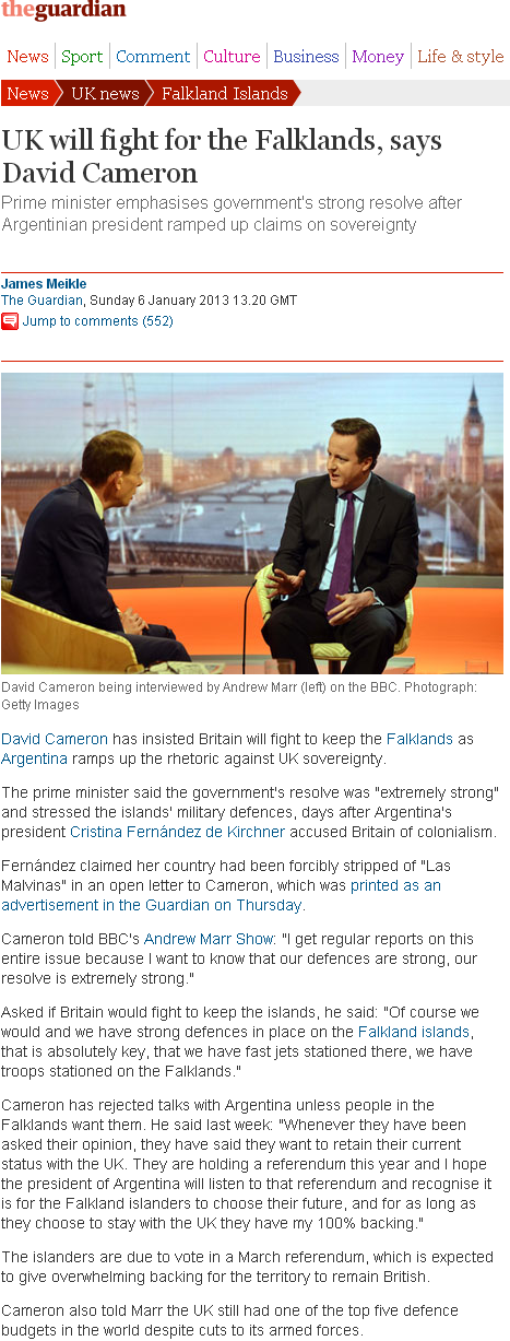 UK will fight for the Falklands  says David Cameron   UK news   The Guardian