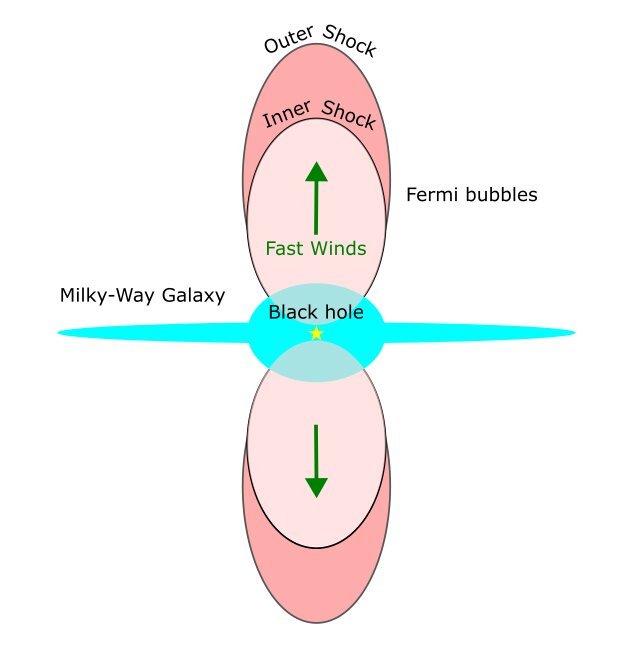 I venti veloci che escono dal centro galattico creano uno shock in avanti e uno shock inverso. Quest'ultimo forma il contorno delle bolle di Fermi. 