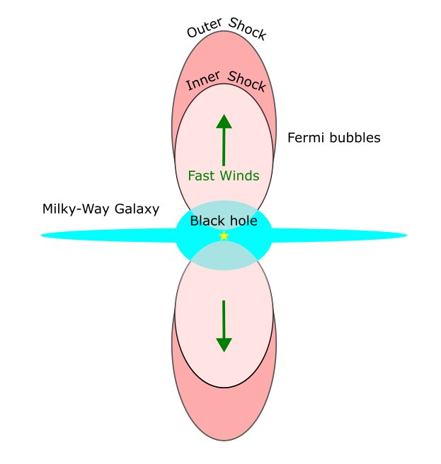 I venti veloci che escono dal centro galattico creano uno shock in avanti e uno shock inverso. Quest'ultimo forma il contorno delle bolle di Fermi.