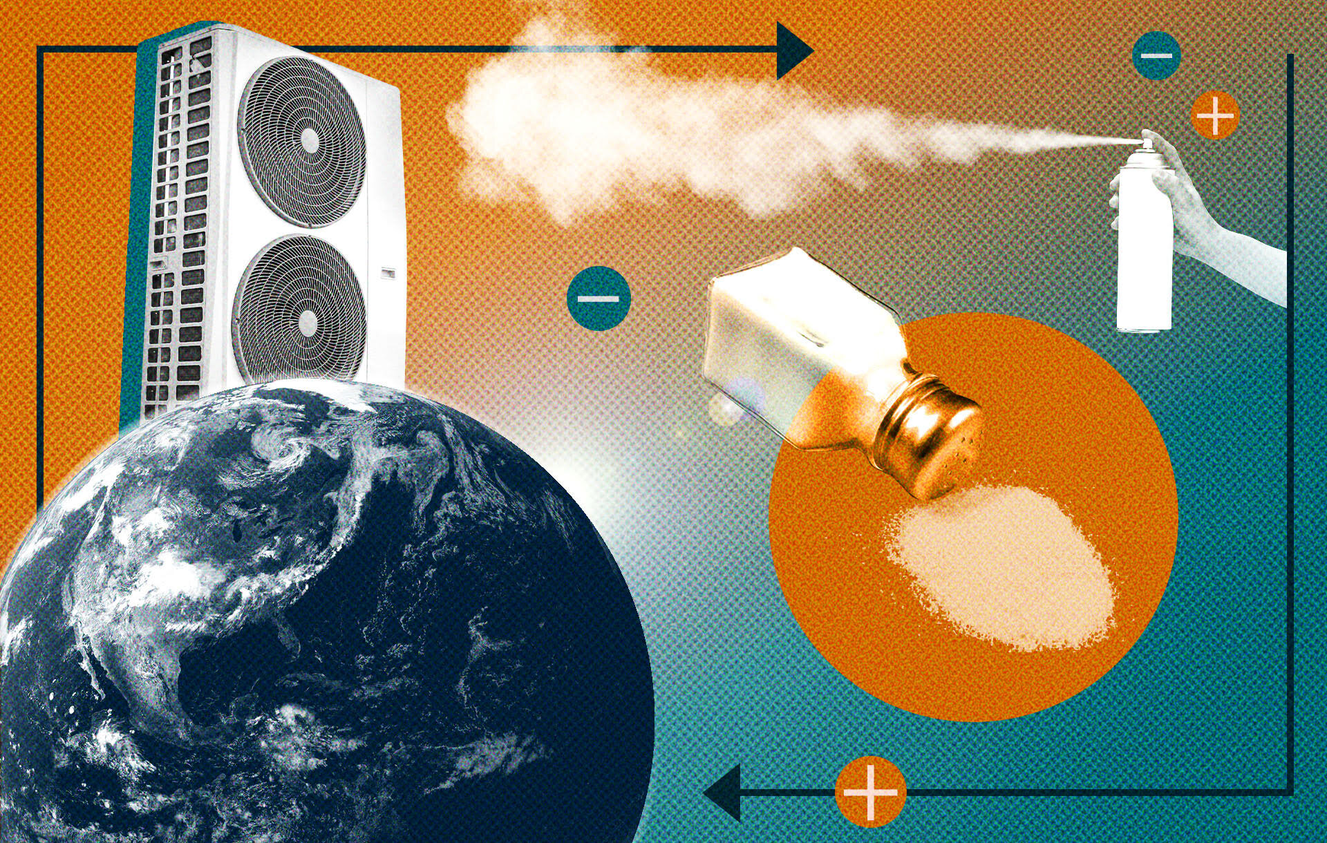 Questo collage raffigura elementi legati al raffreddamento ionocalorico, un ciclo di refrigerazione di nuova concezione che i ricercatori sperano possa aiutare a eliminare gradualmente i refrigeranti che contribuiscono al riscaldamento globale