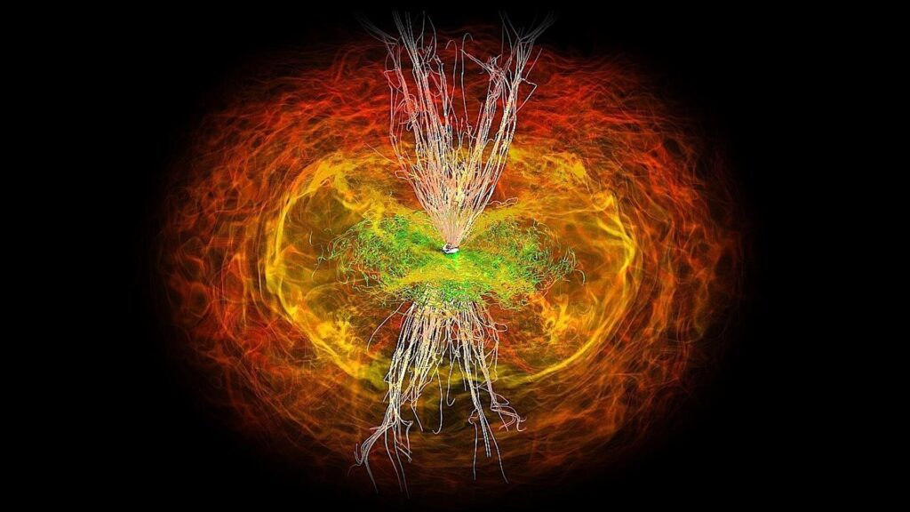 Simulazione numerica delle stelle di neutroni che si fondono per formare un buco nero, con i loro dischi di accrescimento che interagiscono per produrre onde elettromagnetiche. 