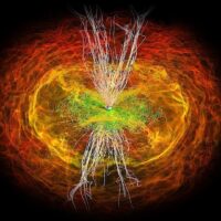 Simulazione numerica delle stelle di neutroni che si fondono per formare un buco nero, con i loro dischi di accrescimento che interagiscono per produrre onde elettromagnetiche.
