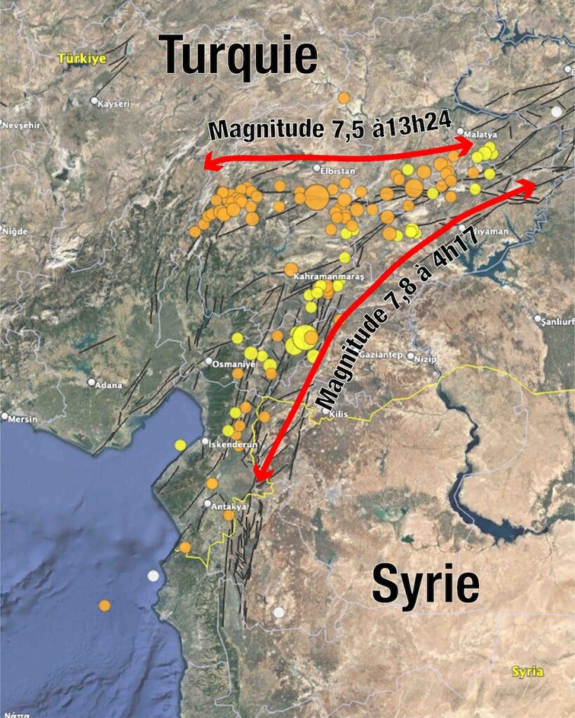 Scosse di assestamento dei due terremoti avvenuti al confine tra Turchia e Siria il 6 febbraio. Romain Jolivet/ENS/Google Earth 