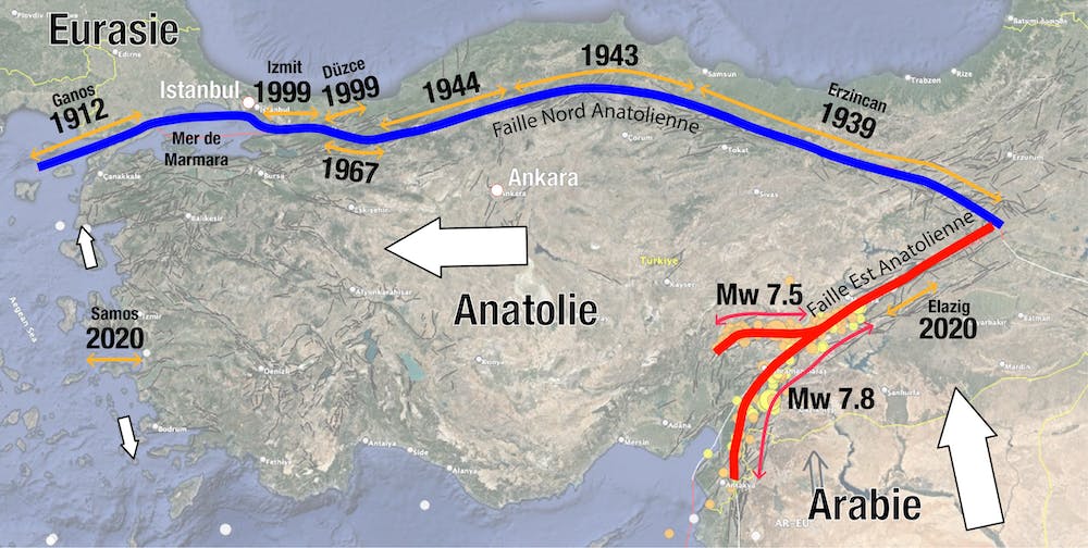  Una sequenza storica di terremoti si è verificata nel XX secolo: iniziata ad est con il terremoto di Erzincan nel 1939 (7.8), è proseguita con i terremoti del 1943, 1944, 1967 e infine nel 1999 con i due terremoti di Izmit (7.6) e Duzce (7.3), separati solo da pochi mesi. Romain Jolivet/ENS/Google Earth , Fourni par l'auteur 