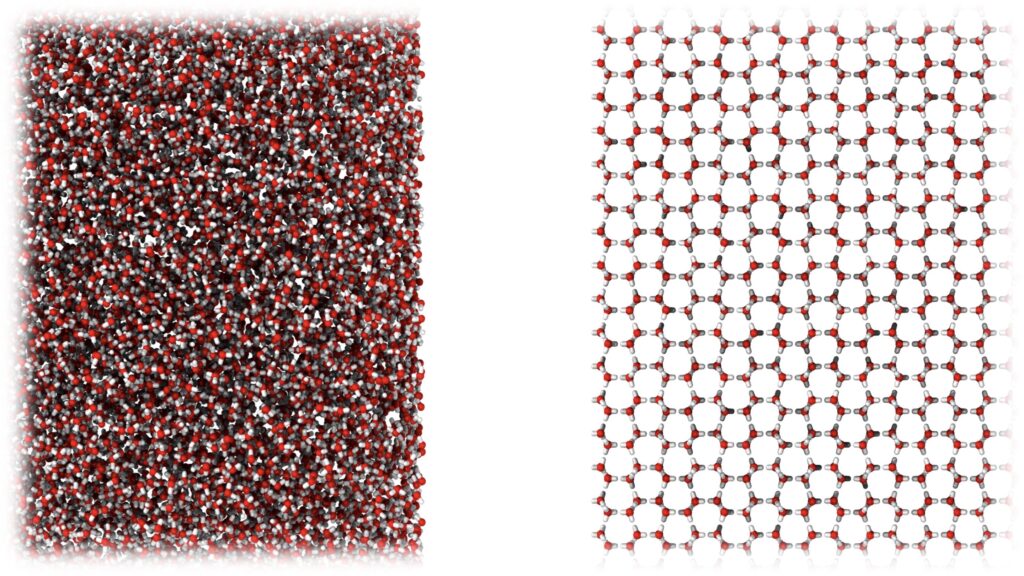 Una nuova forma di ghiaccio molto simile nella struttura molecolare all'acqua liquida (a sinistra), rispetto al normale ghiaccio cristallino (a destra). 