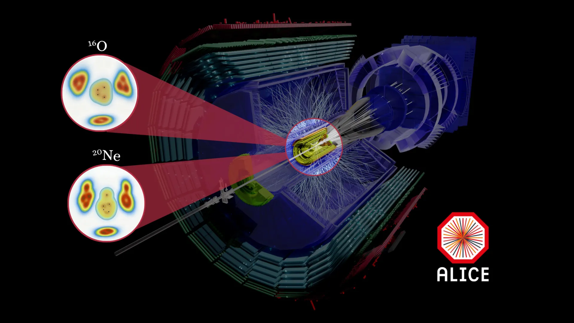 Visualizzazione dell'evento delle collisioni tra Neon-20 e Ossigeno-16 al Large Hadron Collider del CERN. Credito: ALICE@CERN