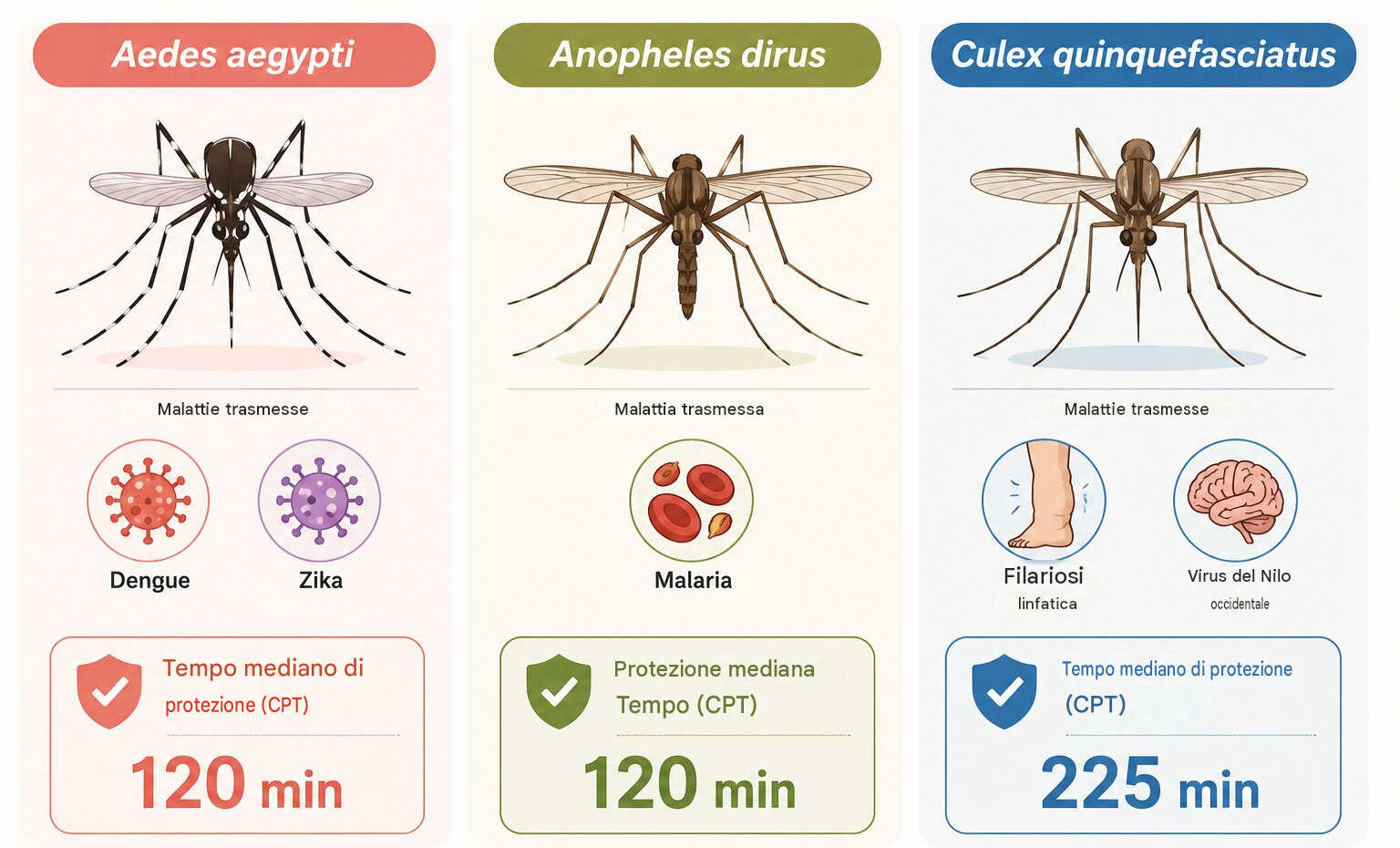 Tempo mediano di protezione completa (CPT) dello spray al 6% di May Chang (Litsea cubeba) contro tre specie di zanzare di importanza medica, insieme alle principali malattie da esse trasmesse. Crediti: generato dall'IA utilizzando i dati di Scientific Reports (2026). DOI: 10.1038/s41598-026-61769-z 