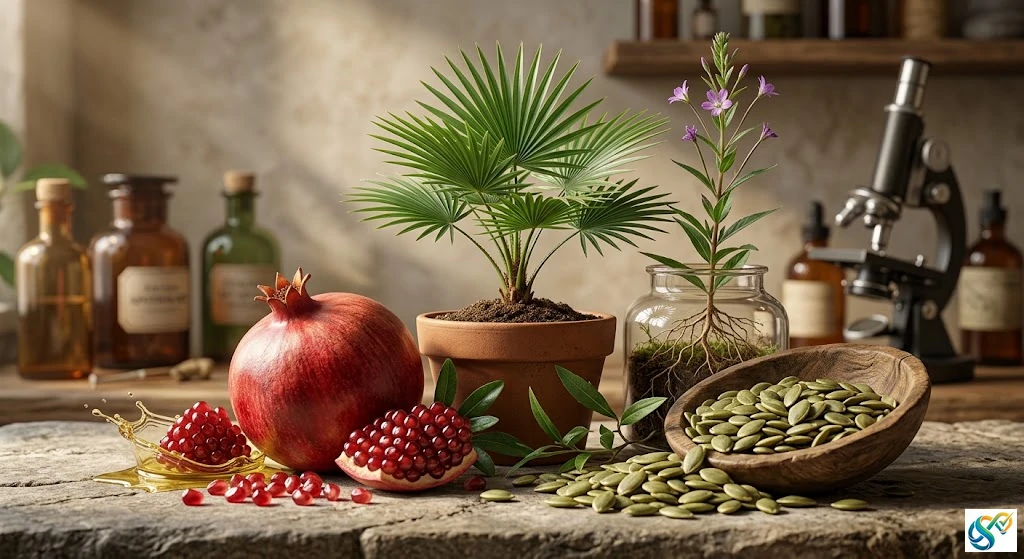 Un laboratorio di botanica e ricerca: in evidenza la Serenoa Repens affiancata dagli estratti naturali di Epilobio, Melograno e Semi di Zucca, simbolo del confronto tra mito commerciale e fitoterapia scientifica.