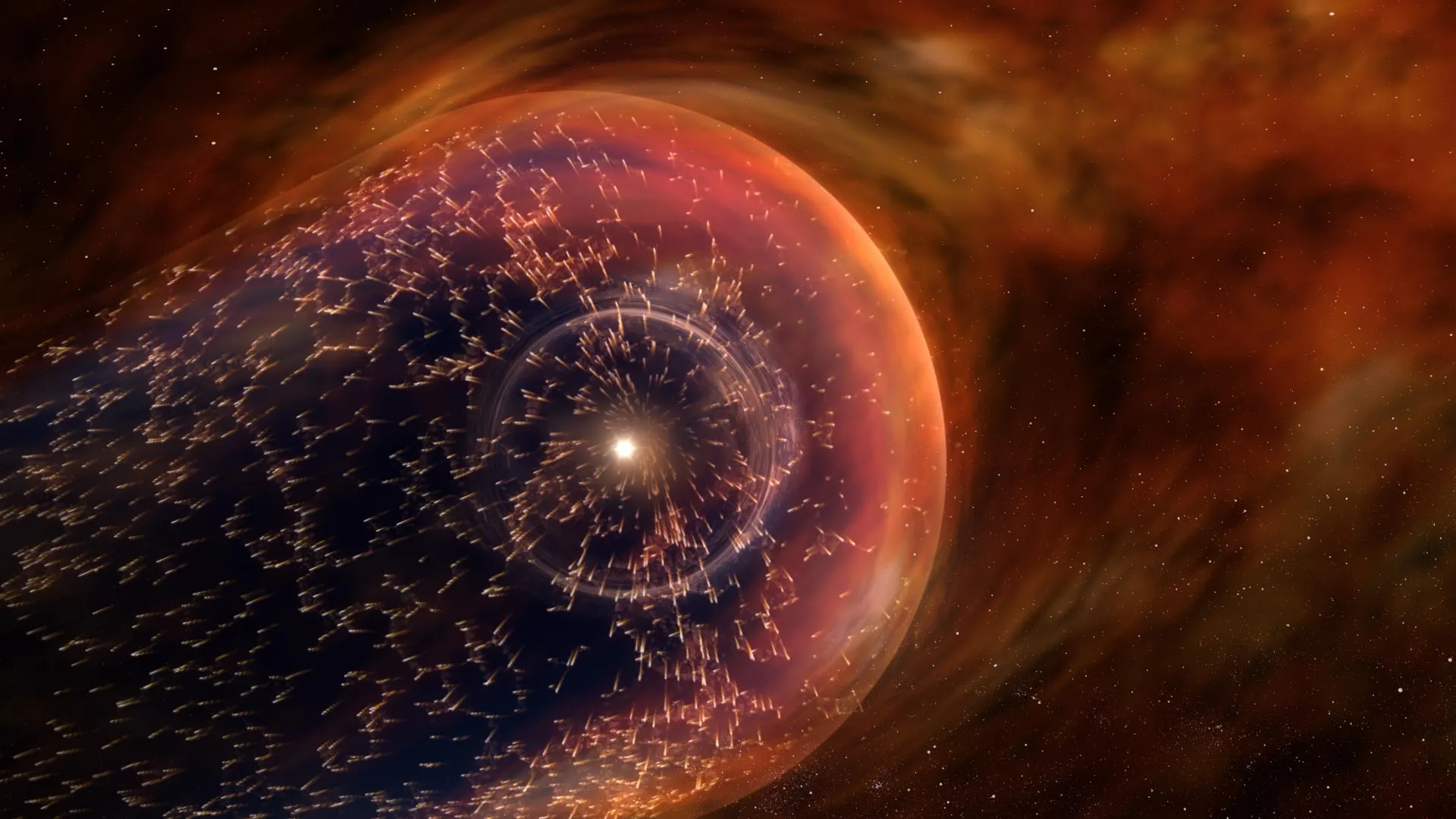 Il viaggio del Sole attraverso la galassia e la sua esplosiva giovinezza potrebbero aver contribuito a plasmare il clima terrestre e persino a rendere possibile la vita. (Illustrazione concettuale dell'eliosfera.) Crediti: NASA's Goddard Space Flight Center Conceptual Image Lab