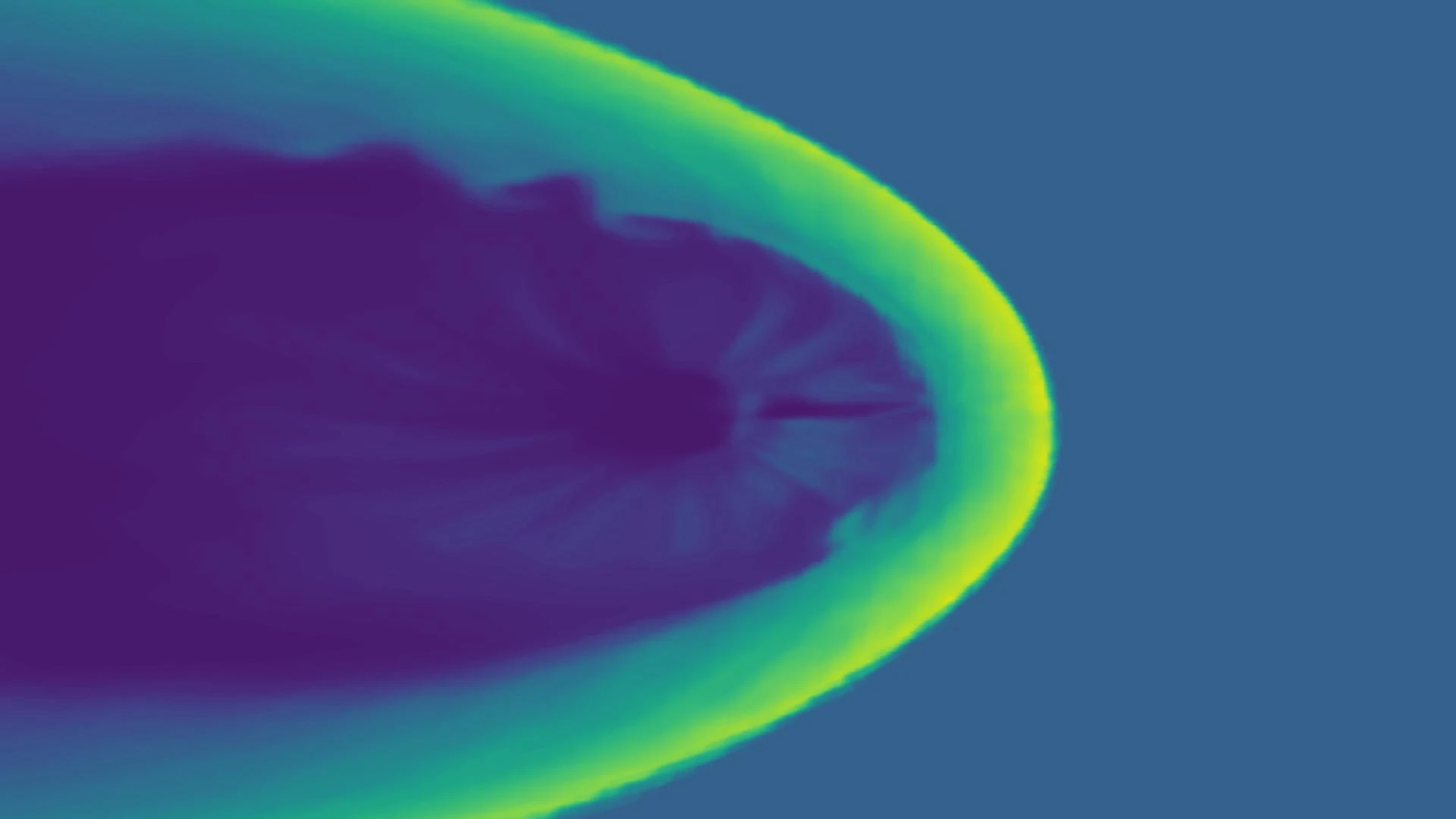 Lo scudo magnetico terrestre protegge il pianeta, eppure particelle ed energia provenienti dal Sole riescono comunque a penetrarlo. Lungo il suo bordo esterno, un flusso costante di materiale solare lo sfiora, generando onde nel punto di incontro tra i due ambienti. In questa simulazione del campo magnetico terrestre, il vento solare proviene dal lato destro dell'immagine e le onde di Kelvin-Helmholtz sono visibili nella parte superiore. Il colore indica la densità del plasma. Crediti: Lauri Holappa / Università di Oulu