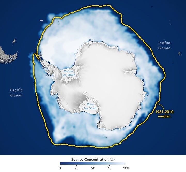 Il ghiaccio marino antartico ha raggiunto la sua estensione massima annuale il 14 settembre 2026, il terzo valore massimo più basso mai registrato dai satelliti.
Osservatorio della Terra della NASA/Michala Garrison