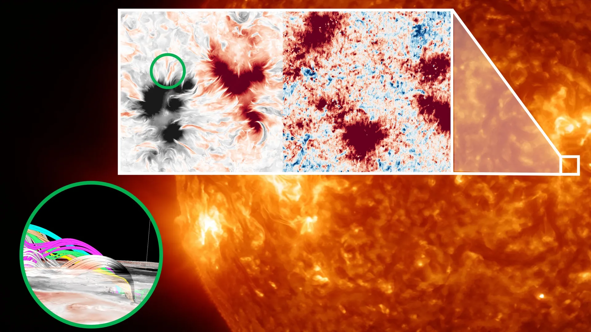 Campi magnetici nella cromosfera sopra una regione di Sole quieto osservati dallo strumento SCIP a bordo di Sunrise-III (riquadro a destra) e strutture magnetiche riprodotte da una simulazione numerica (riquadro a sinistra). Le sottili strutture magnetiche filamentose rilevate da SCIP sono riprodotte nella simulazione come linee di campo magnetico attorcigliate (vista ingrandita all'interno del cerchio in basso a sinistra). Crediti: NAOJ / MPS / Sunrise-III/SCIP 