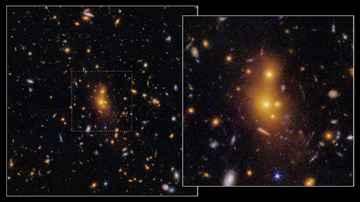 Questa immagine mostra il lontano ammasso di galassie XLSSC 122,  così come è stato osservato dal telescopio spaziale James Webb (JWST) della NASA.  Il più brillante ammasso di oggetti sfocati di colore arancione-rosso al centro dell'immagine rappresenta le galassie centrali dell'ammasso. Le galassie di sfondo, distorte dalla lente gravitazionale, appaiono come una serie di archi grigio-blu che si estendono attorno ai confini sfocati delle galassie centrali, in particolare in basso a destra.  Crediti: NASA, ESA, CSA; Kyle Finner (Caltech/IPAC) Elaborazione dell'immagine: Robert Hurt (Caltech/IPAC-SELab) 