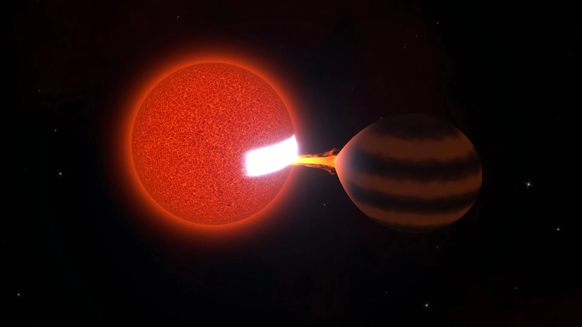 Rappresentazione artistica di ZTF J0440+2325, una nana bruna (a destra) e una nana rossa (a sinistra) che orbitano l'una intorno all'altra ogni 86,65 minuti. La nana bruna riversa materia sulla sua compagna e il flusso di materiale colpisce la superficie della nana rossa, riscaldando un grande punto caldo nel punto d'impatto. Crediti: Aaron Householder (MIT)